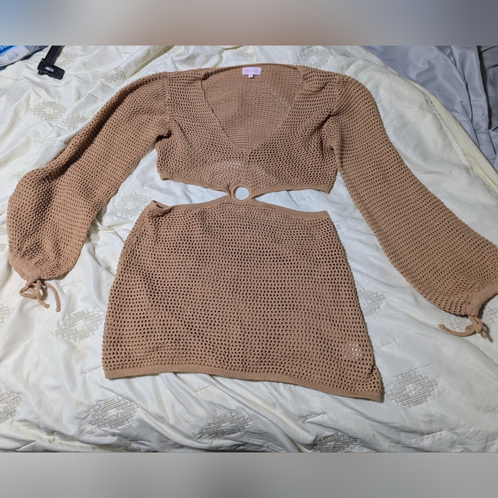 Pink Lily Tan Knit Lot Sleeve cut out cover Up SZ L